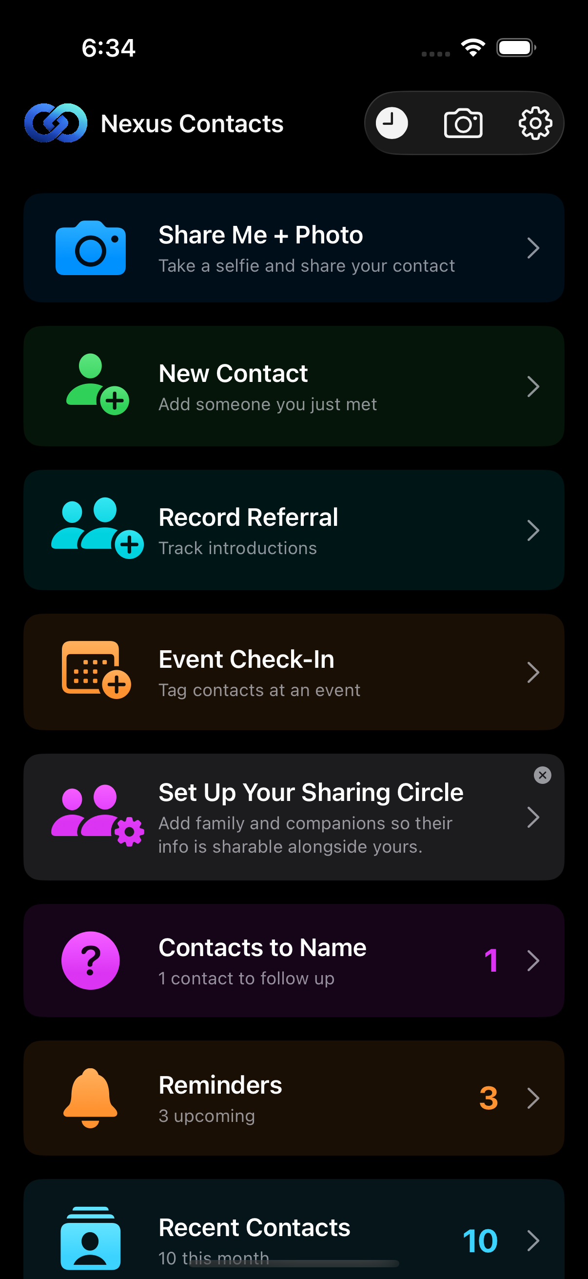Nexus Contacts dashboard showing activity cards and quick actions