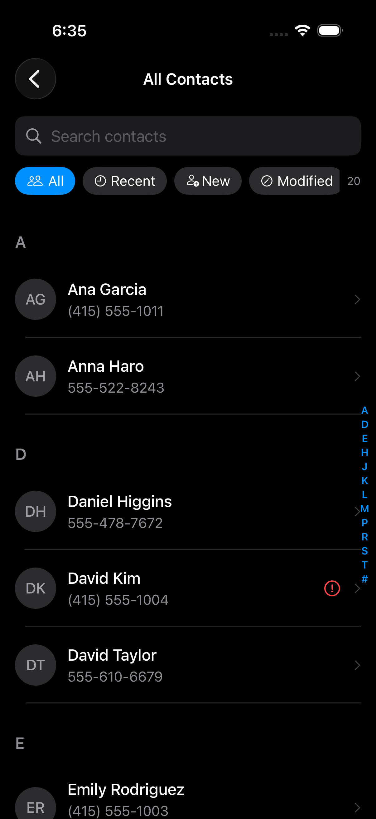All contacts list with search and filters