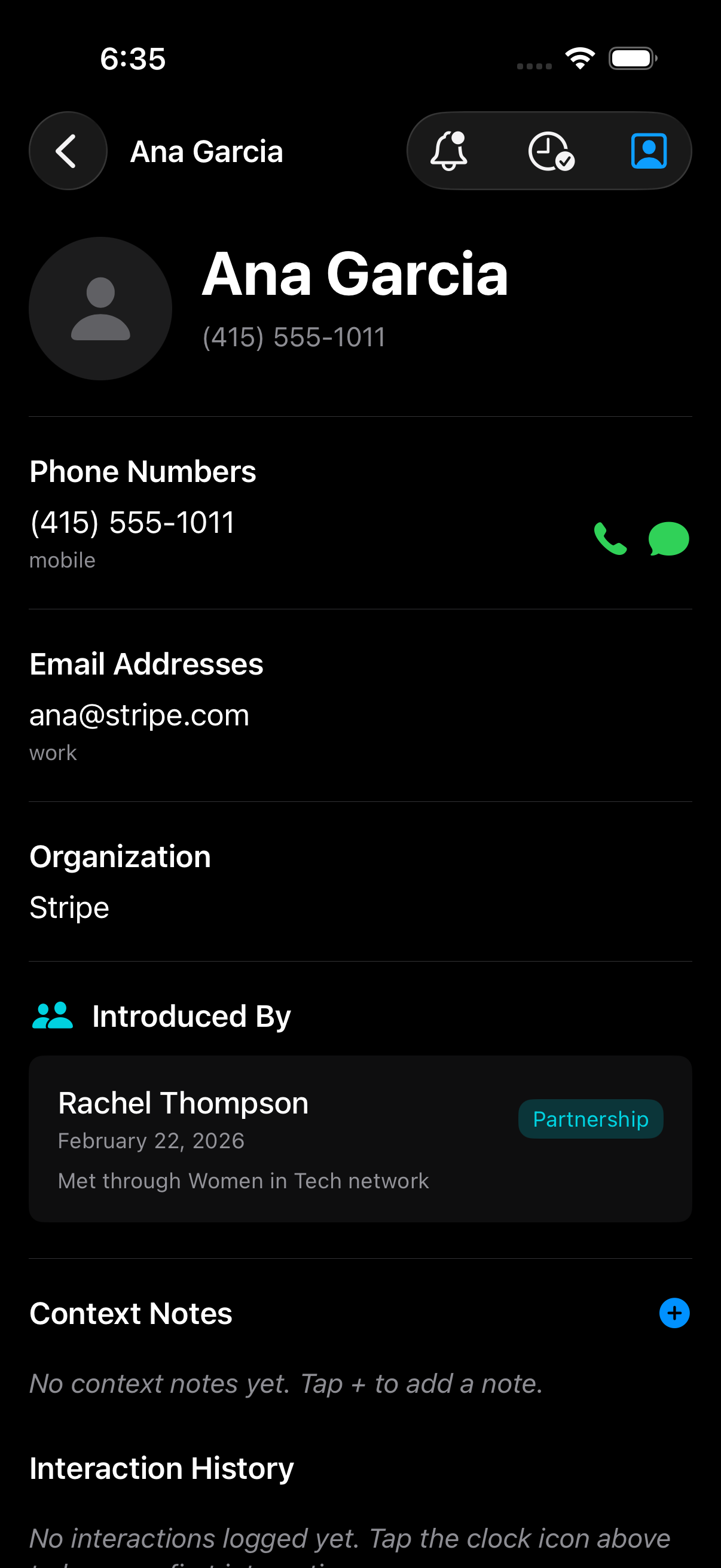 Contact detail with photo, notes, and event context