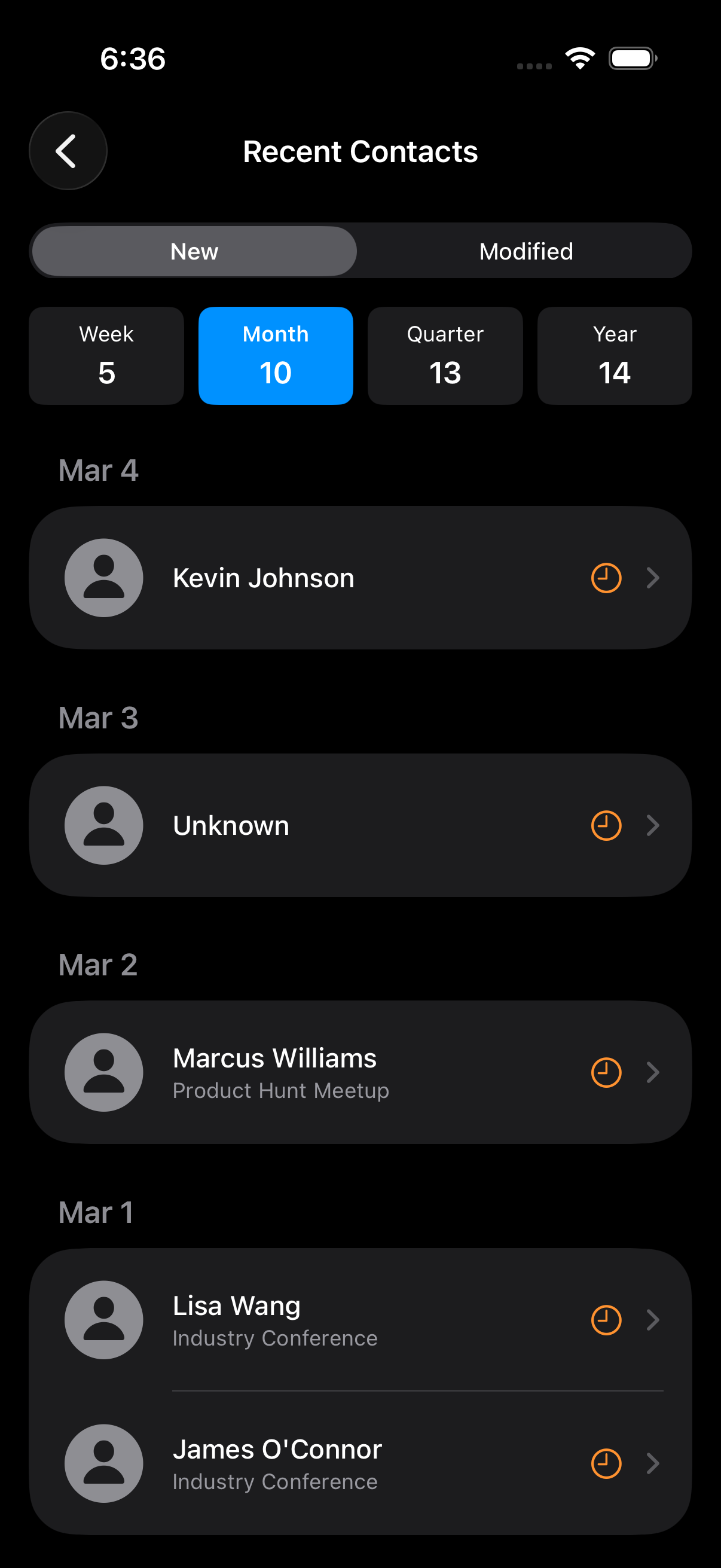 Recent contacts grouped by time period
