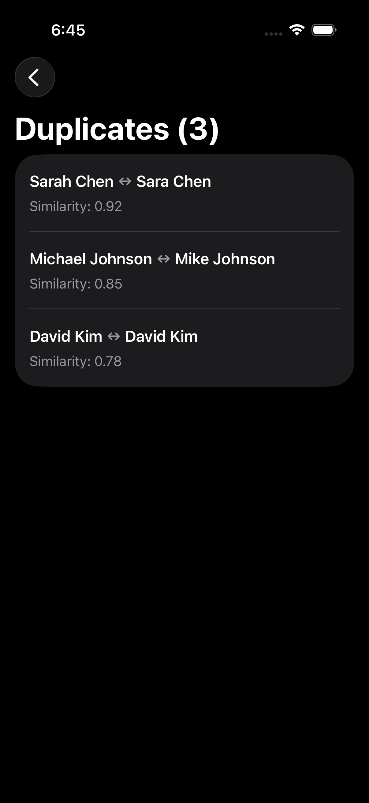 Duplicate contacts with similarity scores