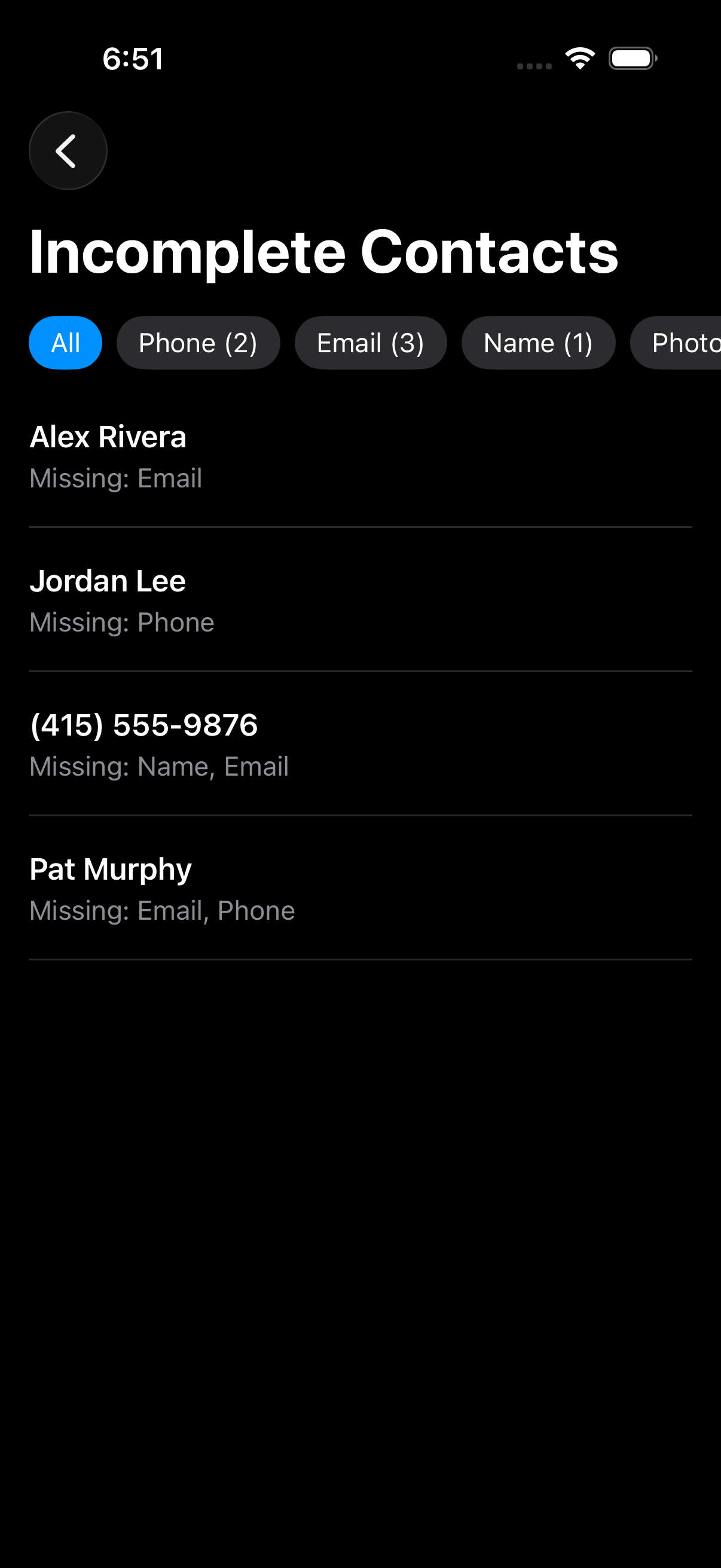 Contacts missing phone, email, or name
