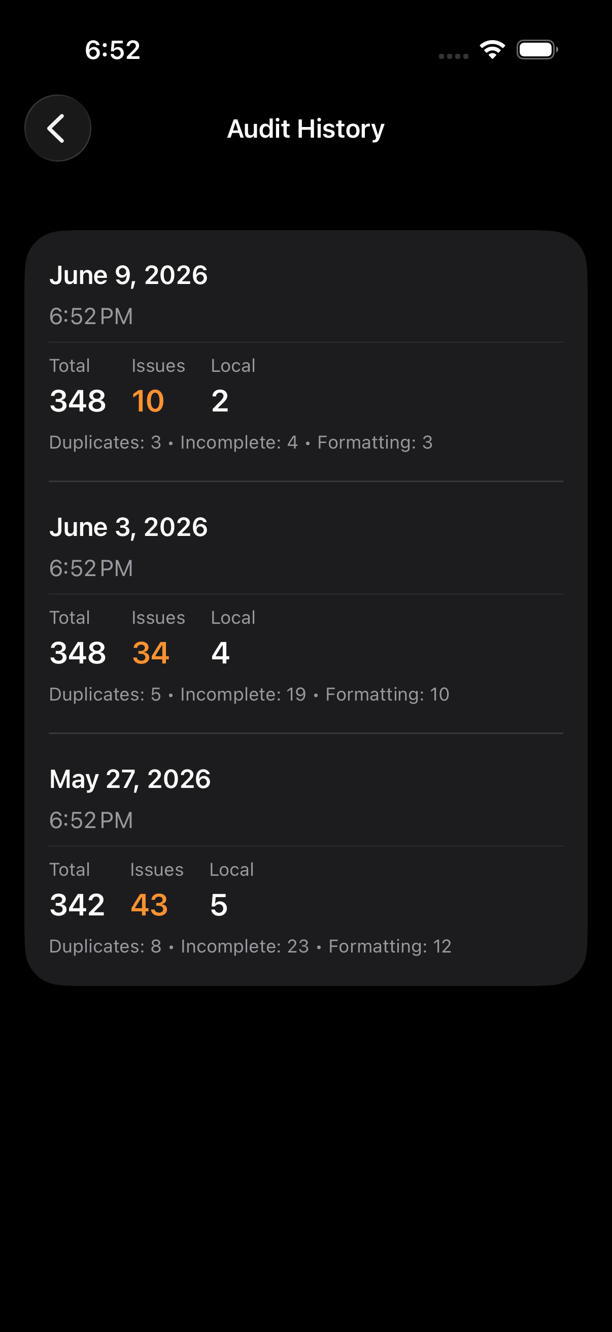Timeline of past audit scans