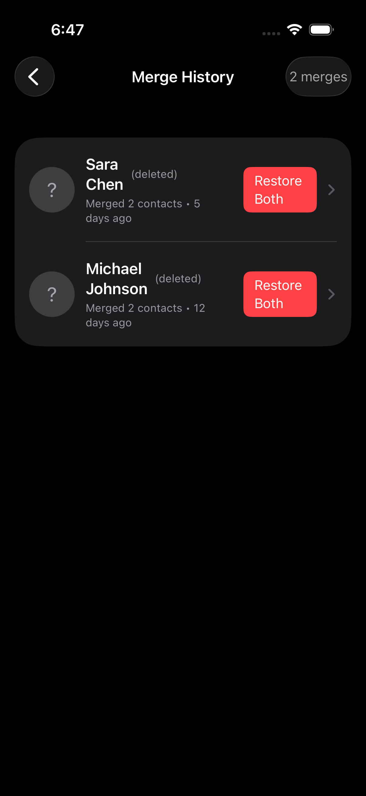 History of merged contacts with undo