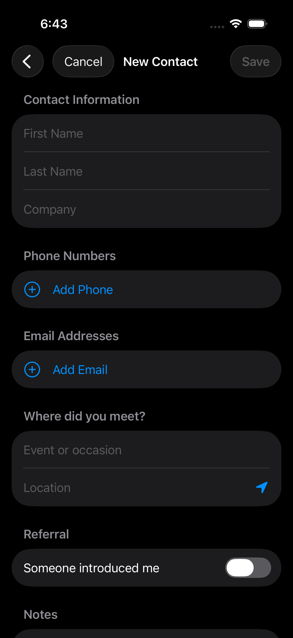 Manual contact creation form