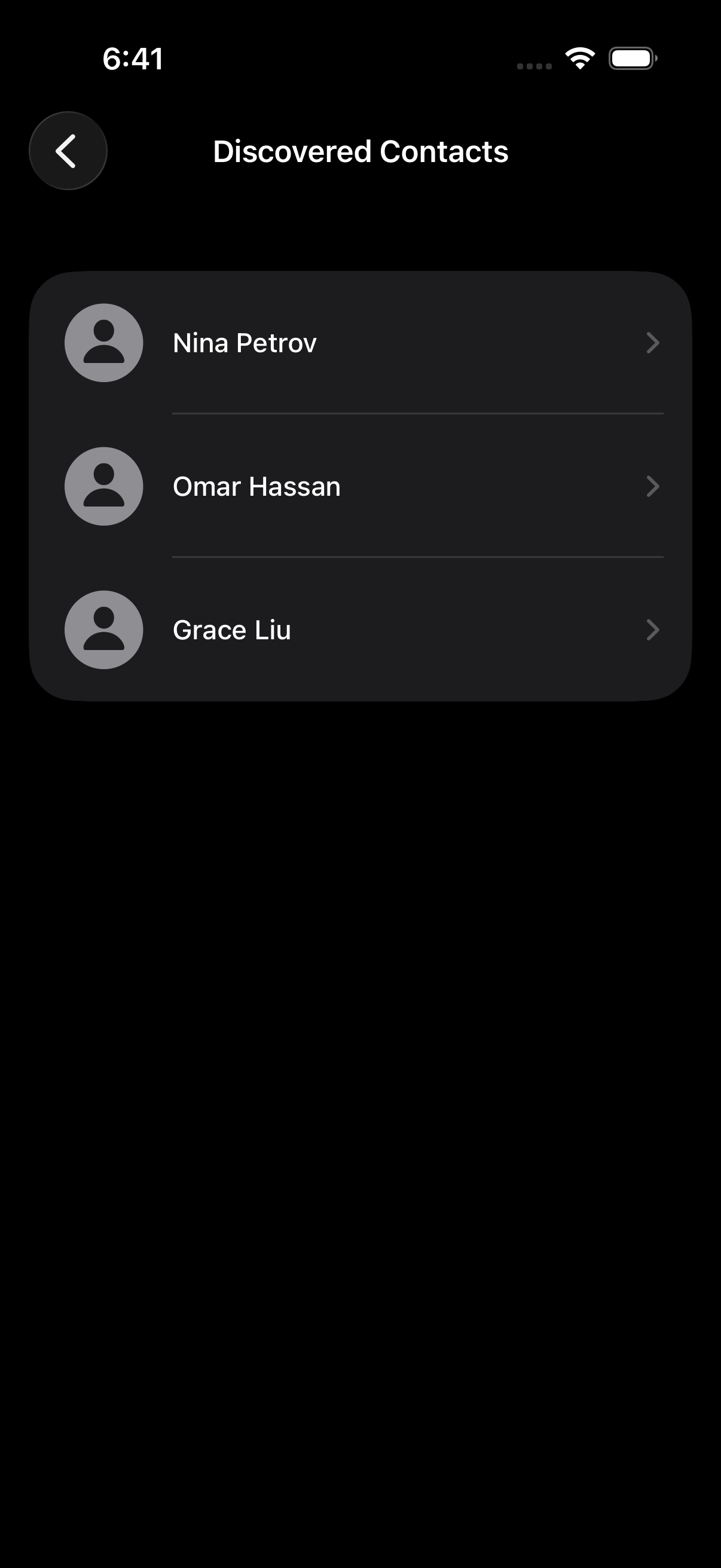 Discovered contacts — people Nexus noticed in your address book, kept separate from people you've met