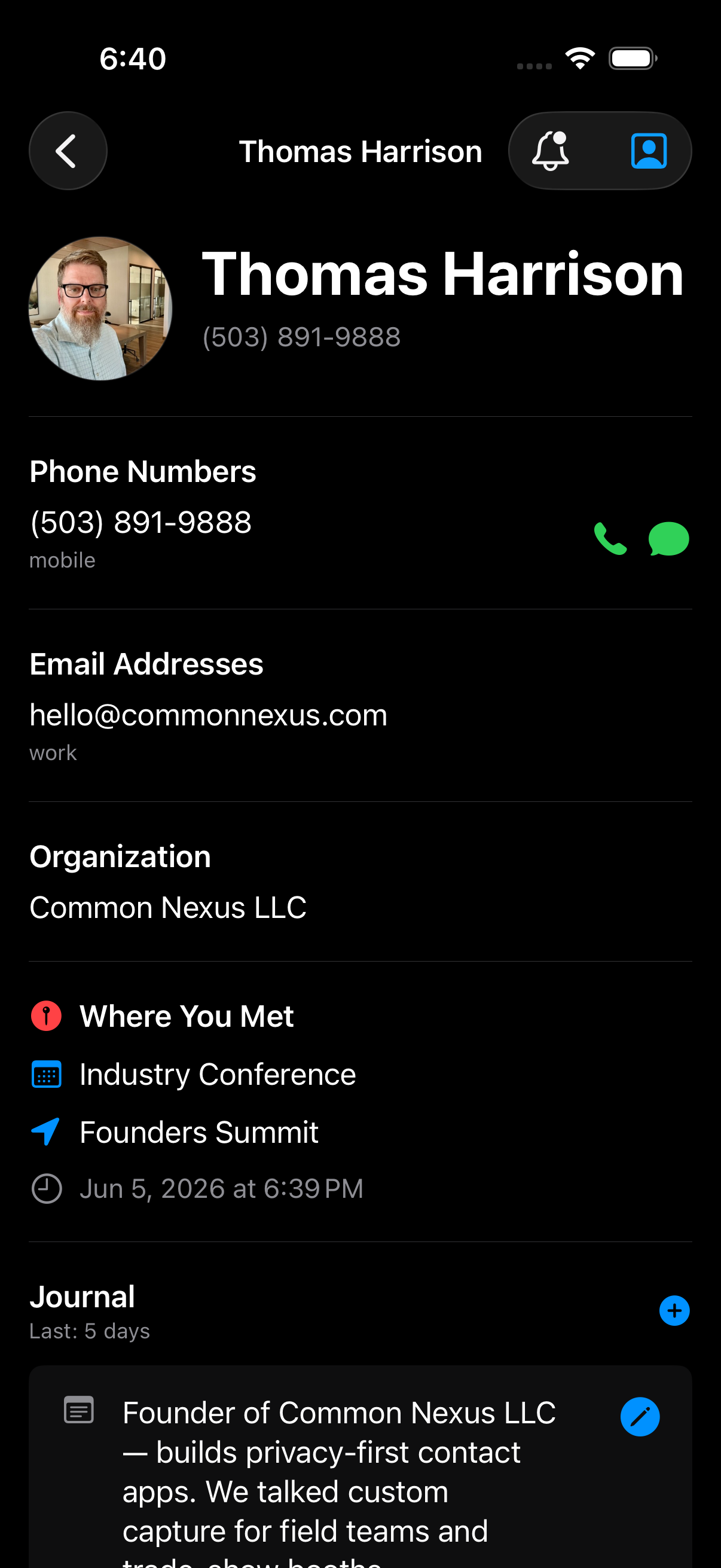 A captured contact in Nexus Contacts — photo, company, event context, and notes