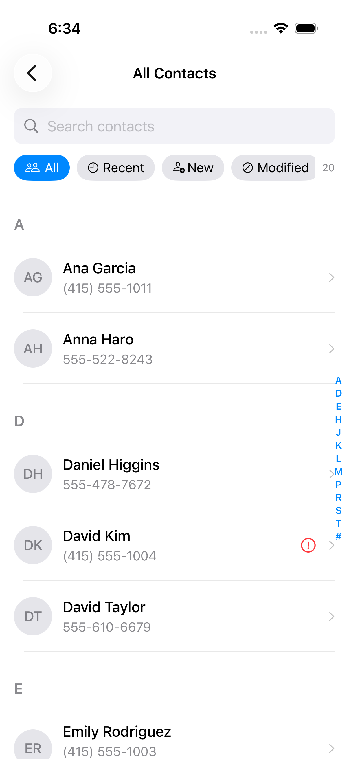 All contacts list with search and filters
