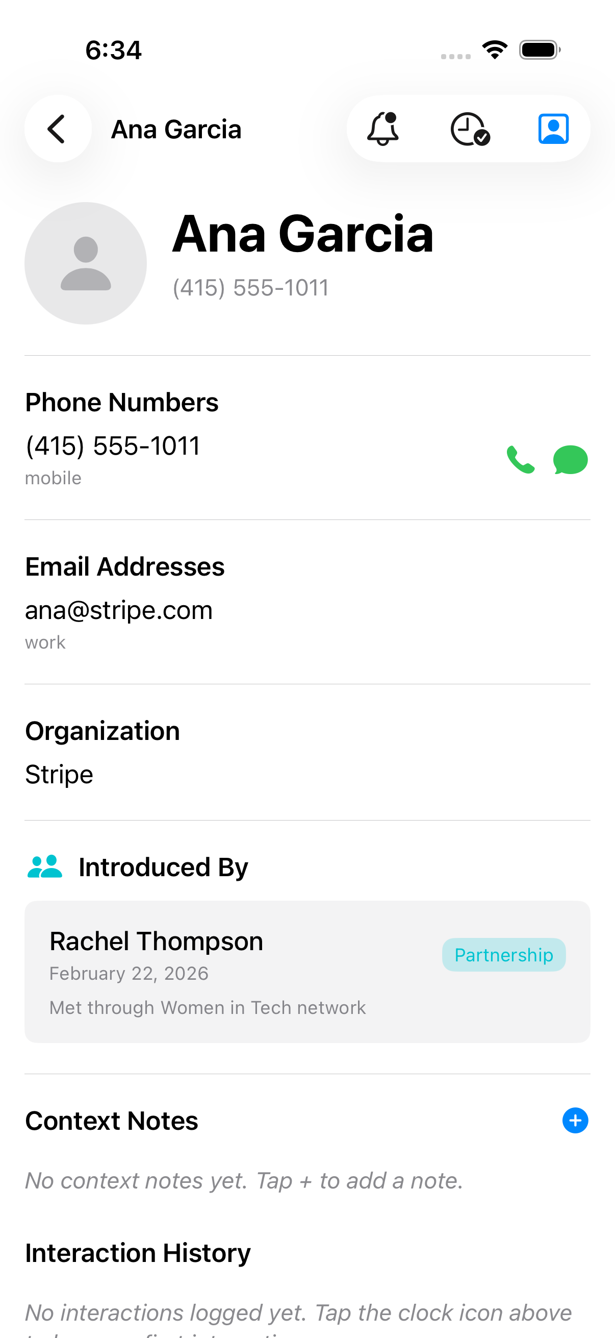 Contact detail with photo, notes, and event context