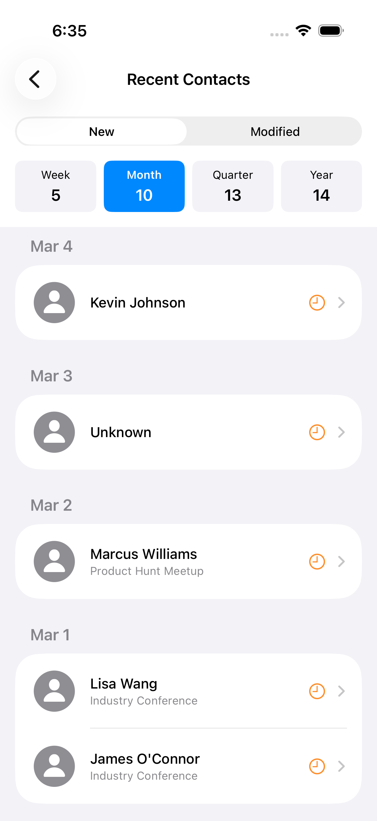 Recent contacts grouped by time period
