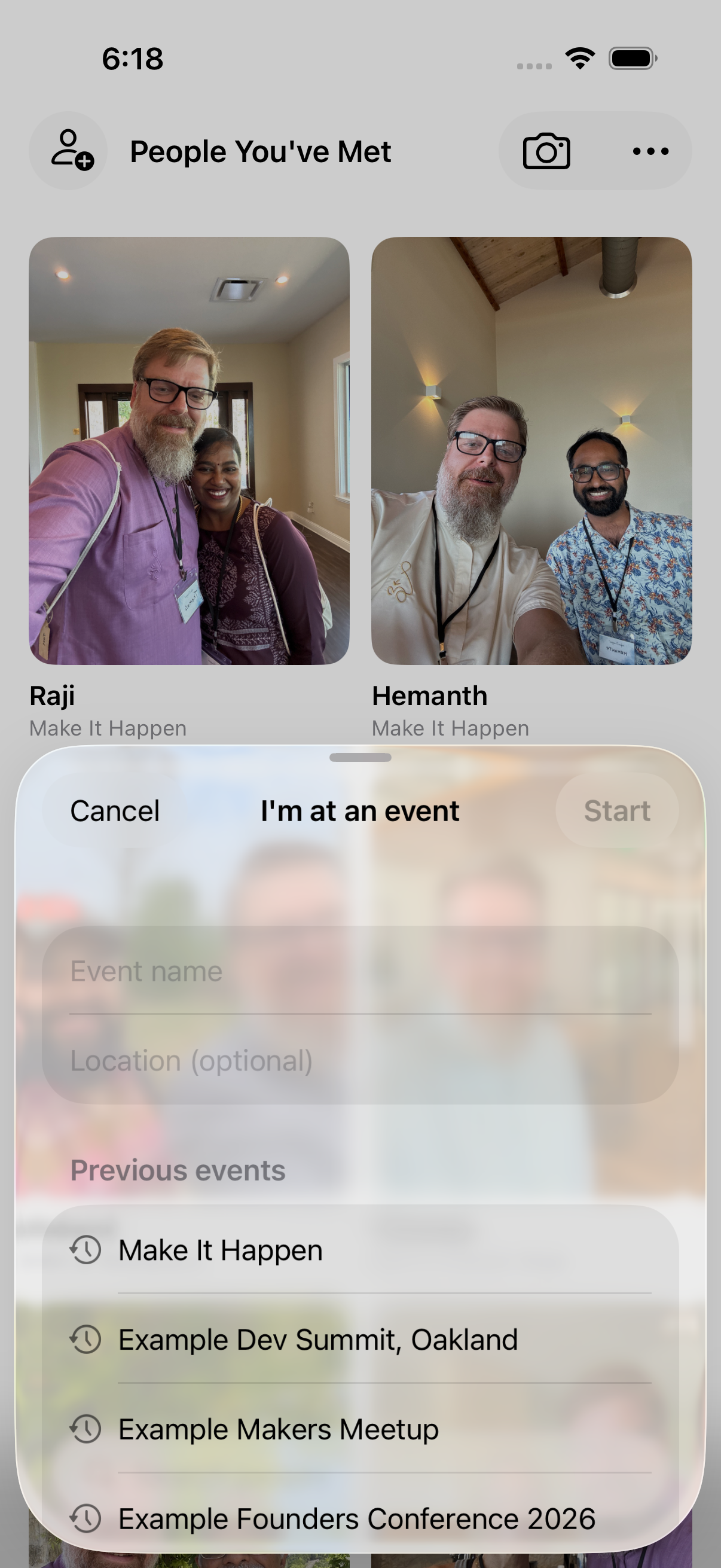 Starting an event — its name, where you are, and the events you've started before.