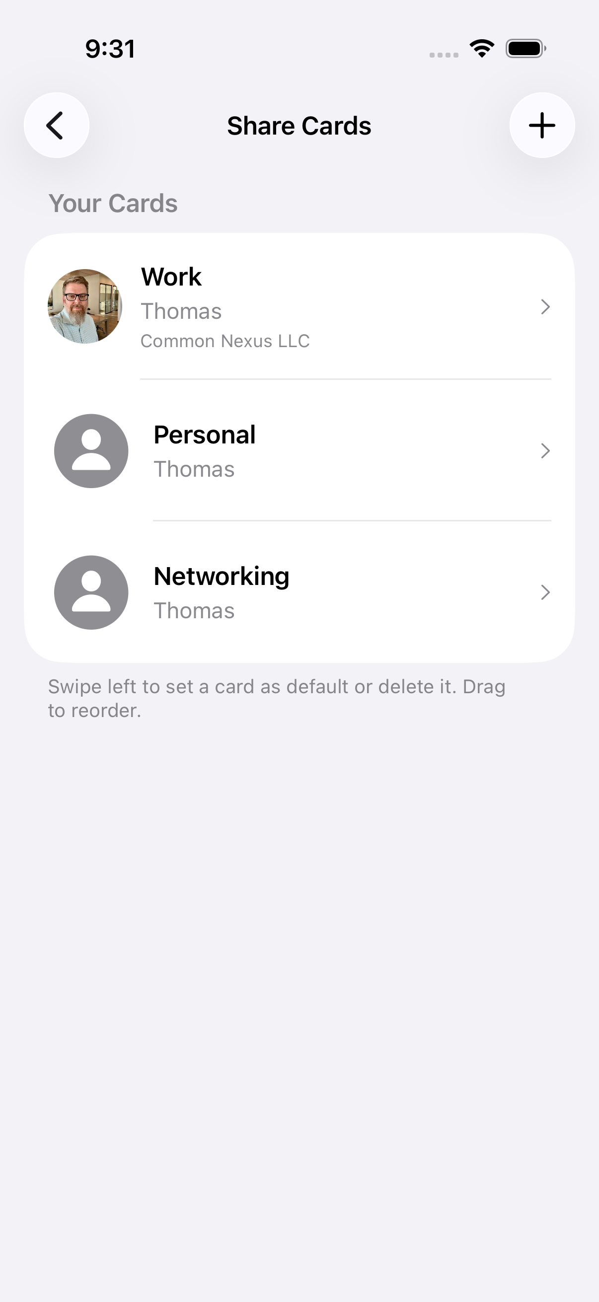 A different card for different rooms — work, personal, networking