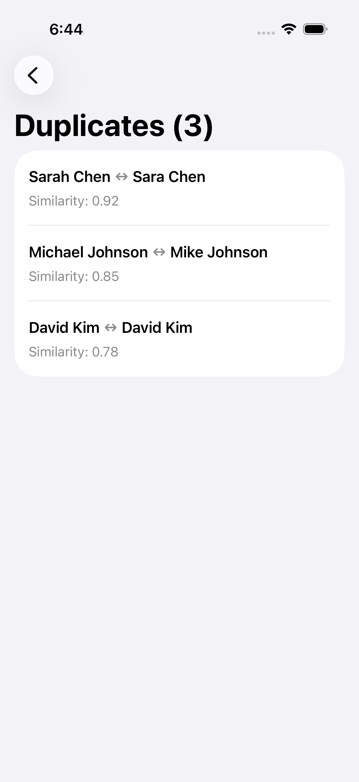 Duplicate contacts with similarity scores