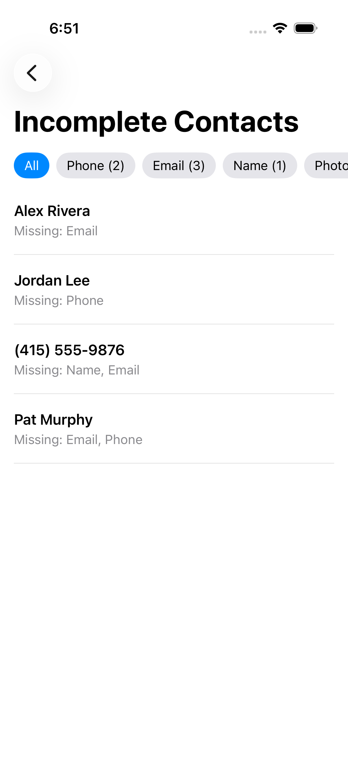 Contacts missing phone, email, or name