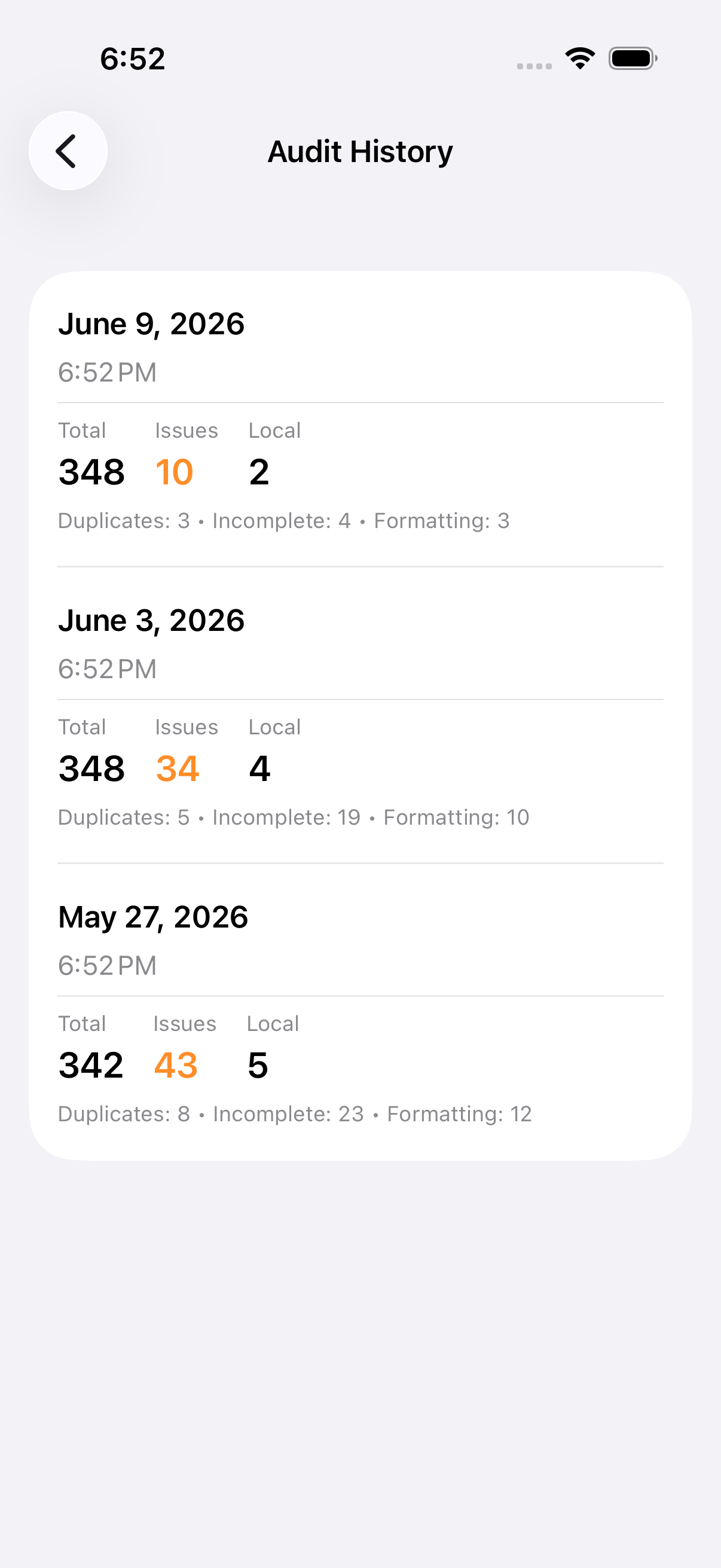 Timeline of past audit scans