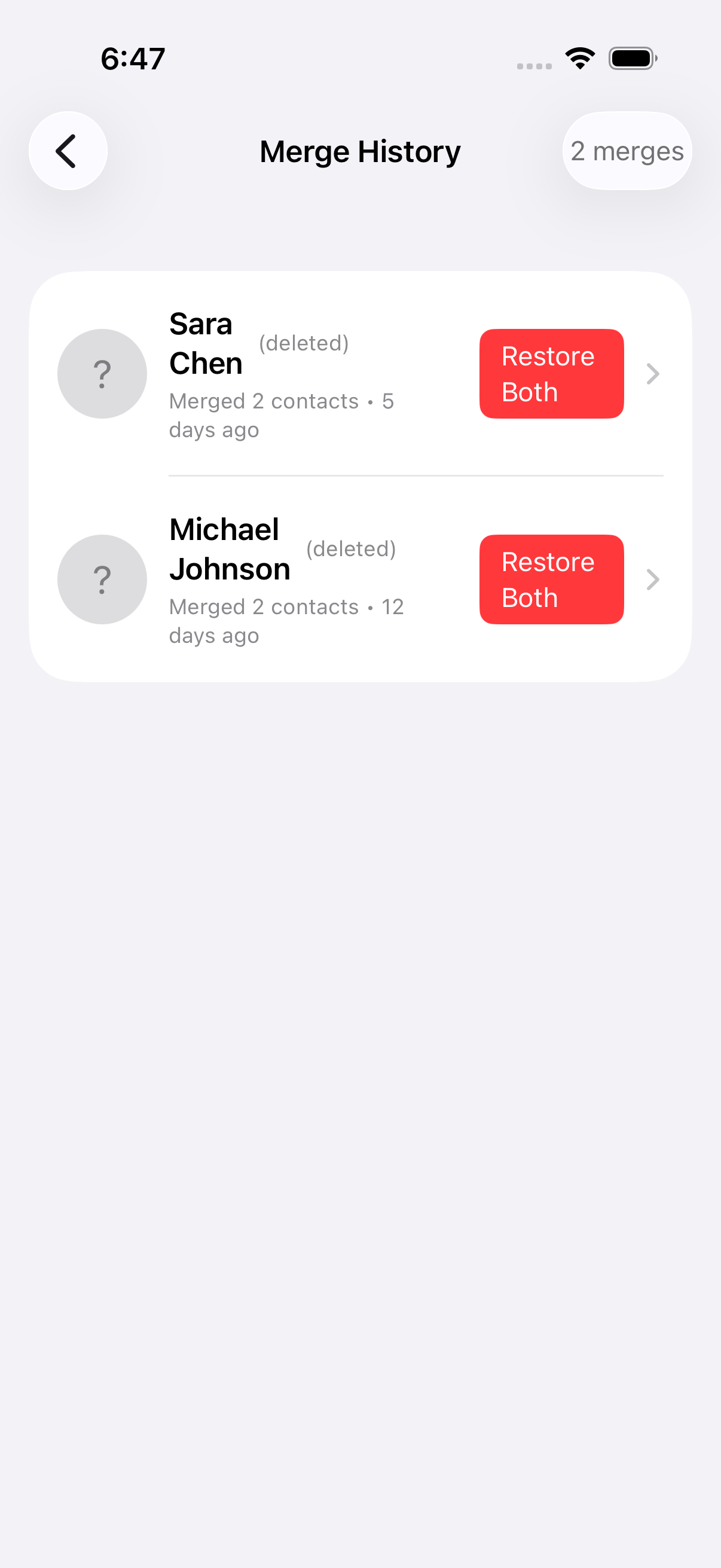 History of merged contacts with undo