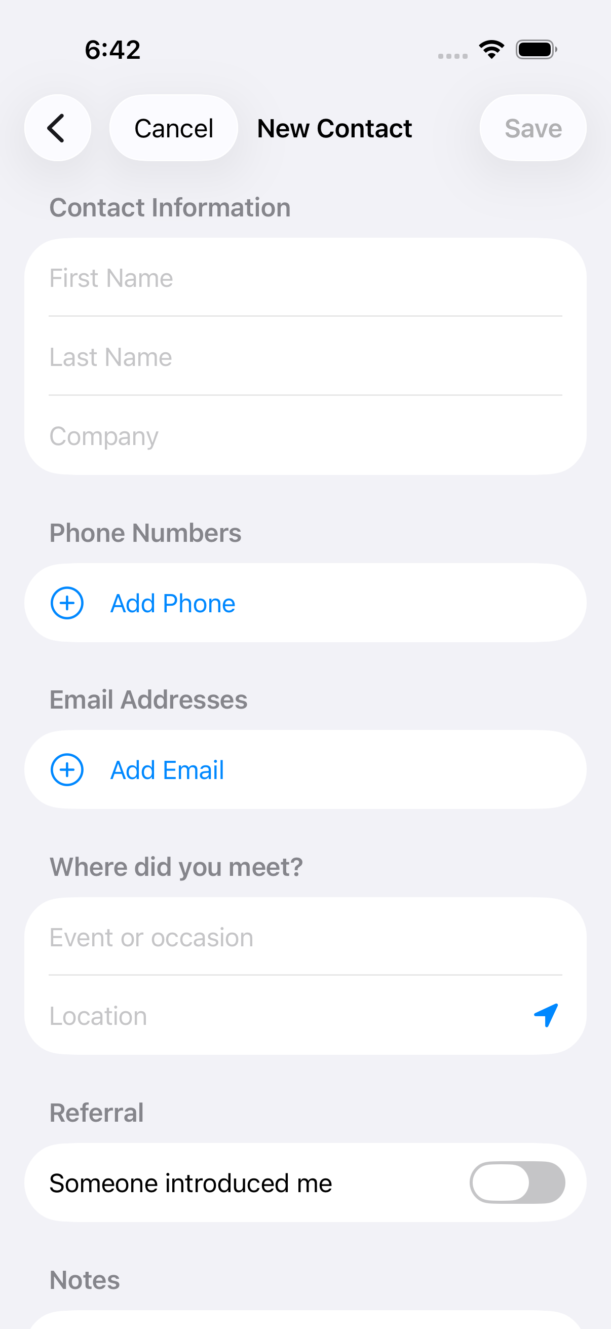 Manual contact creation form