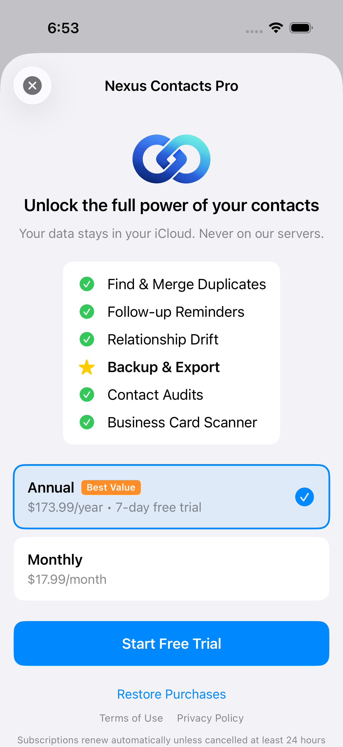 Nexus Contacts Pro upgrade — unlock merge, watch, and more