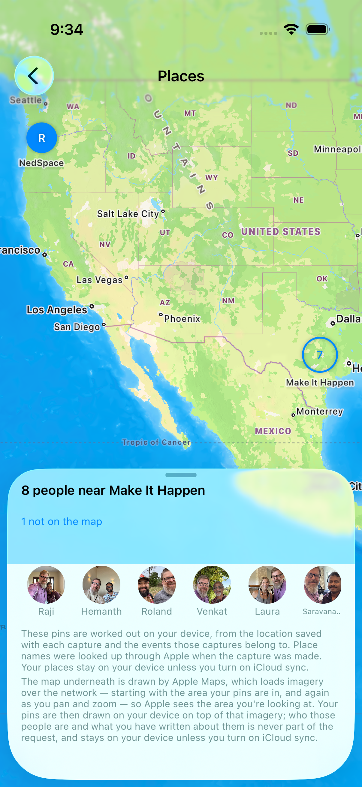 The Places map — one pin per place, with the faces of the people met there