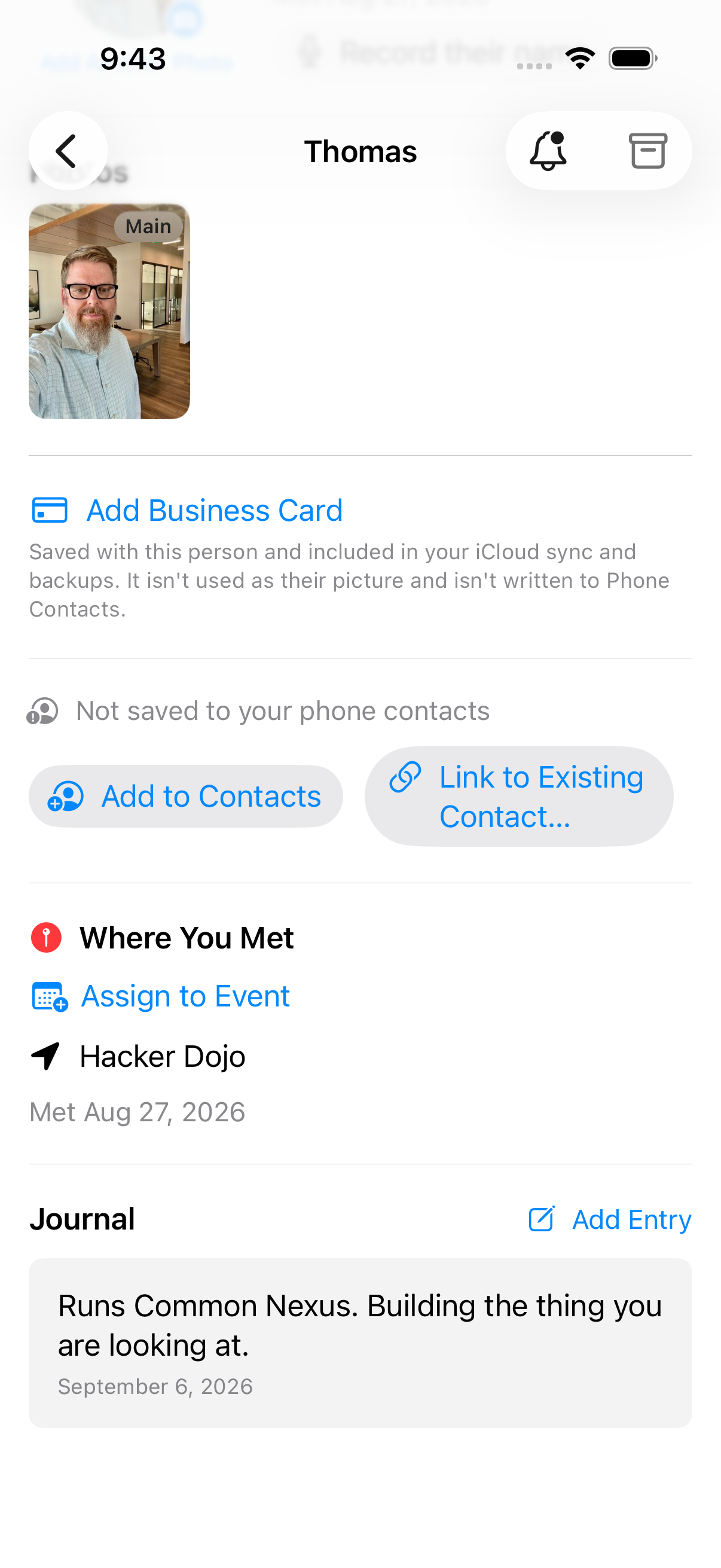 A contact's detail view with a written journal note.