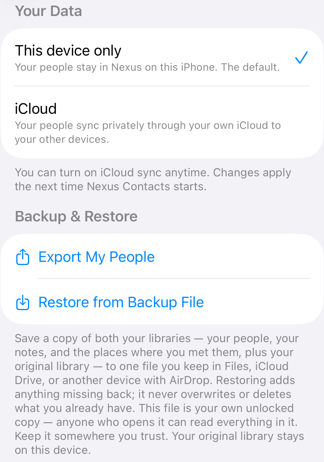 The Nexus Contacts Settings screen: the Your Data section showing This device only selected by default, and the Backup & Restore paragraph